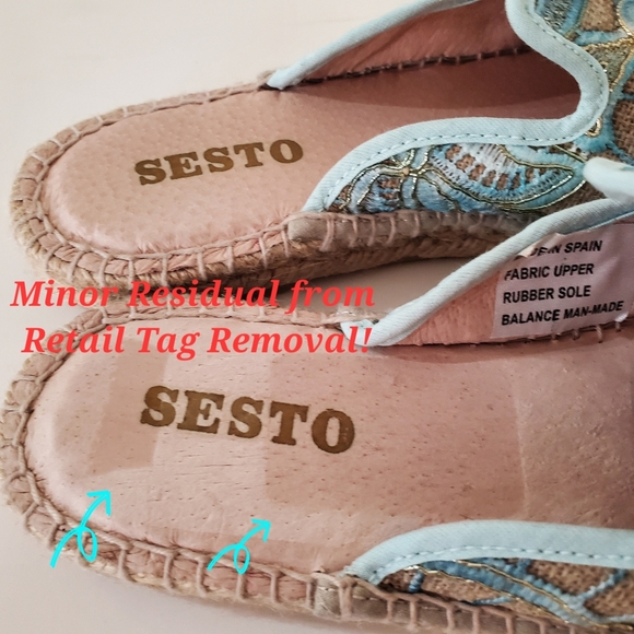 SESTO MEUCCI Sz 8 Lace Espadrille Mules Floral Applique Gold Blue Natural Color - Picture 16 of 16